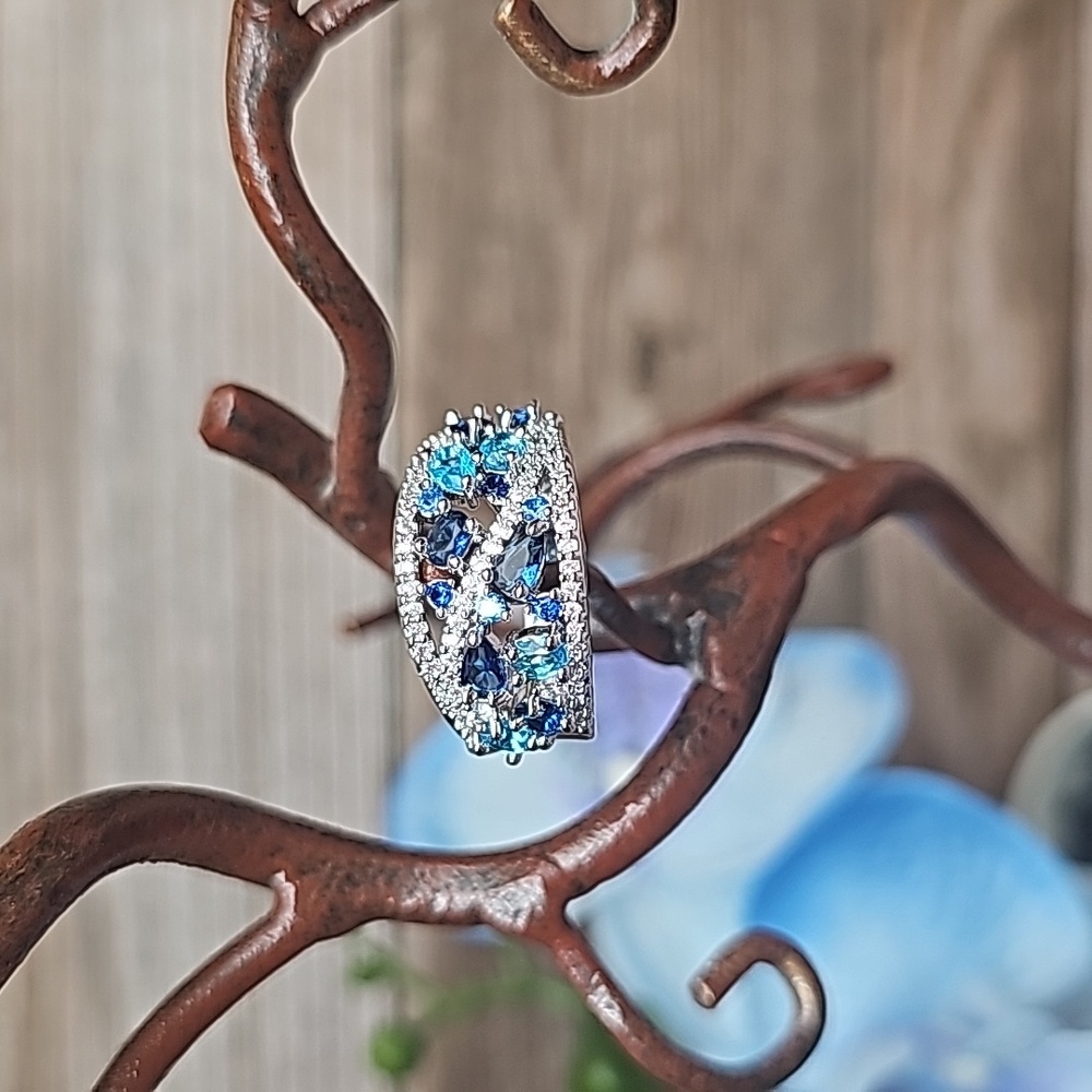 NEW PLATINUM PLATED CREATED SAPPHIRE AQUAMARINE ZIRCON FASHION RING - Picture 2 of 10